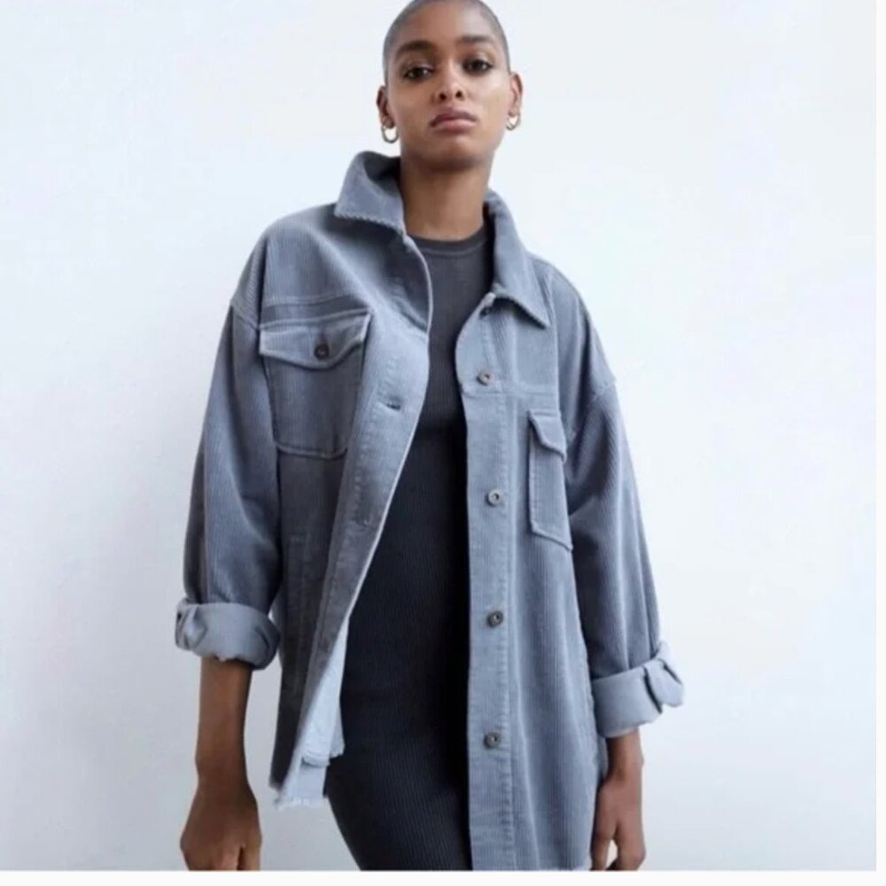 Zara Blue Corduroy Shacket Jacket Size M Raw Hem Boho Coastal Cowgirl